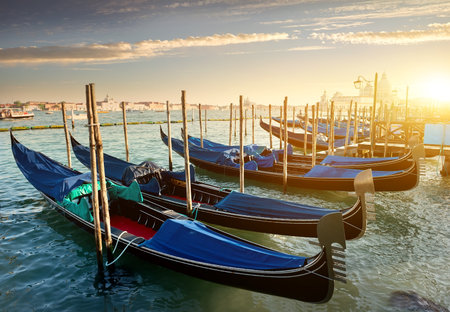 Venice with gondolas on Grand Canal against San Giorgio Maggiore church in Venice, Italyの写真素材