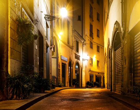 Small beautiful street of Florence at nightの写真素材
