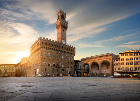 Square of Signoria in Florence at sunrise, Italyの写真素材
