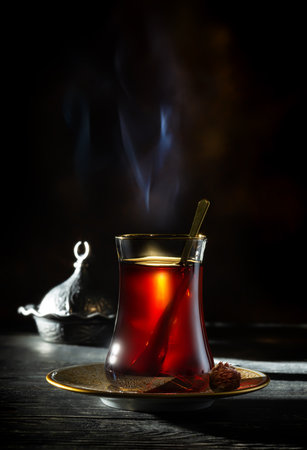 Turkish tea on black backgroundの写真素材