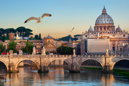 Birds flying over Tiber river near Vatican and bridge of Vittorio Emanuele II, Italyの写真素材