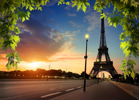 Beautiful sunrise in Paris, with Eiffel Towerの写真素材