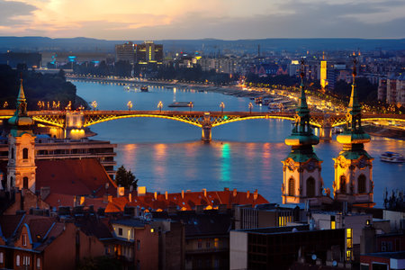 Panoramic view of Budapest in evening illumination, Hungaryの写真素材