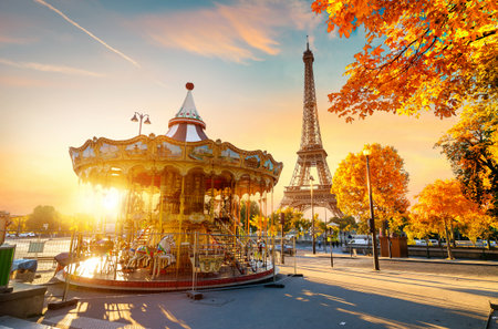 Carousel in park near the Eiffel tower in Parisのeditorial素材