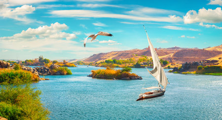 Travel on sailboat in Aswan at Nile riverの写真素材