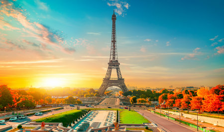 Paris with Eiffel Tower in sunset timeの写真素材
