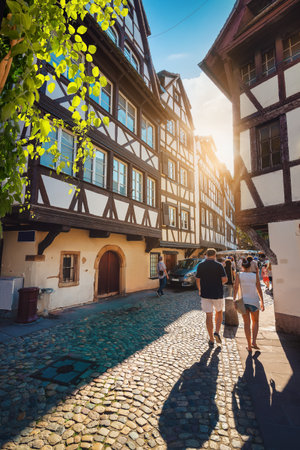 Picturesque district Petite France in Strasbourg, houses on riverの写真素材