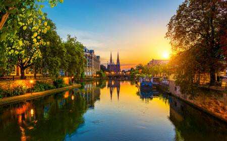 Picturesque district Petite France in Strasbourg, houses on riverの写真素材