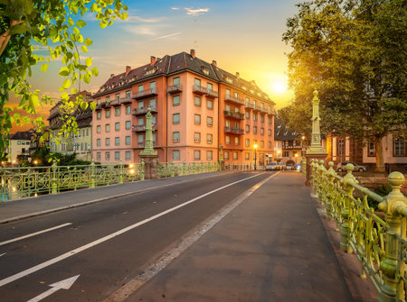 Picturesque district Petite France in Strasbourg, houses on riverの写真素材
