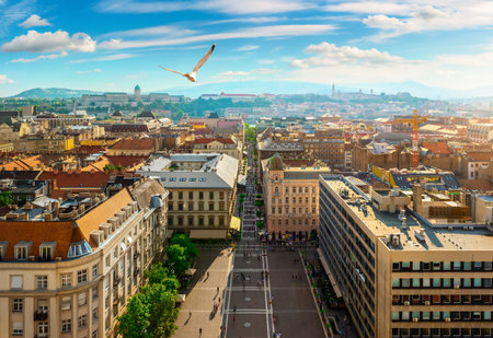 Beautiful view of famous landmarks in Budapest at sunsetの写真素材