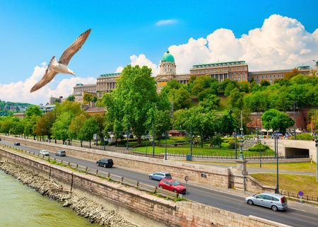 Beautiful view of famous landmarks in Budapest at sunsetの写真素材