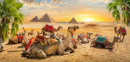 Great sphinx and pyramid and storm cloudsの写真素材