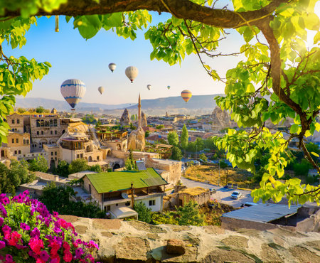 Hot air balloons flying over Cappadocia, Turkeyの写真素材