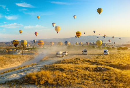 Hot air balloons flying over Cappadocia, Turkeyの写真素材