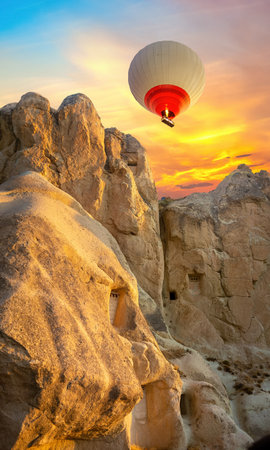 Terrace of a cafe in the town of Goreme, Turkeyの写真素材