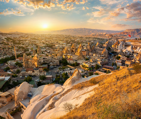 Terrace of a cafe in the town of Goreme, Turkeyの写真素材