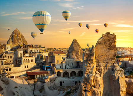 Terrace of a cafe in the town of Goreme, Turkeyの写真素材