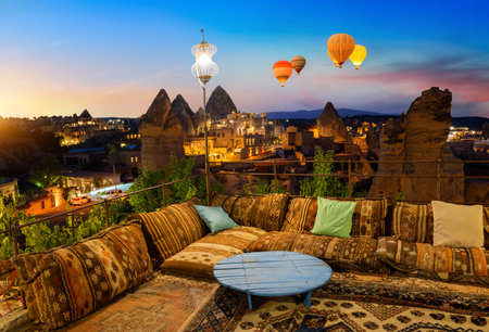 Terrace of a cafe in the town of Goreme, Turkeyのeditorial素材