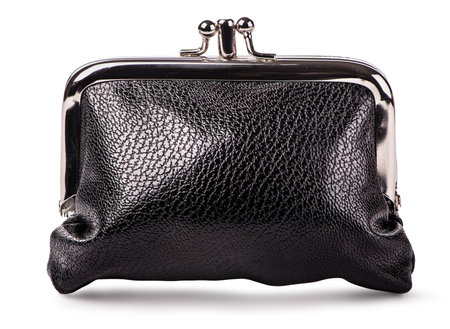 Red leather purse isolated on white backgroundの写真素材
