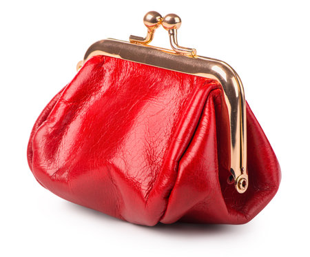 Red leather purse isolated on white backgroundの写真素材