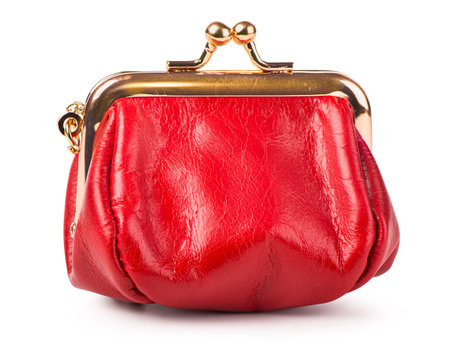 Red leather purse isolated on white backgroundの写真素材