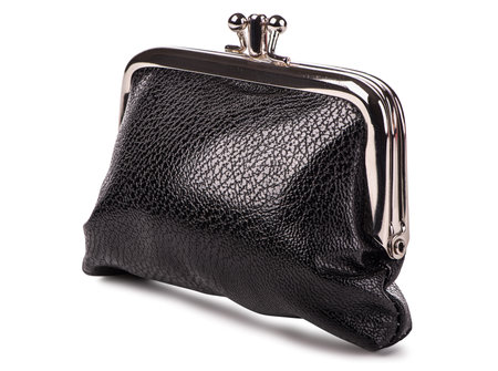 Red leather purse isolated on white backgroundの写真素材
