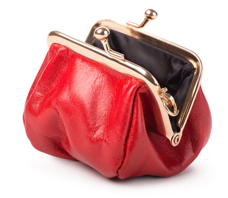 Red leather purse isolated on white backgroundの写真素材