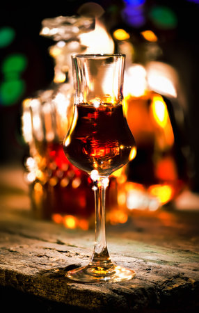 Glass of whiskey and decanter on wooden tableの写真素材