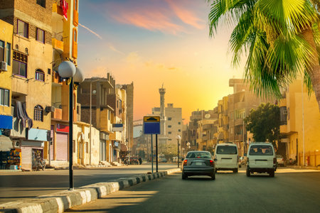 Road in the desert of Egypt at sunsetの写真素材
