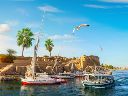 River Nile and boats at sunset in Aswanの写真素材