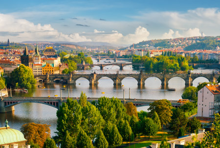 Vltava river and Charles bridge in Pragueの写真素材