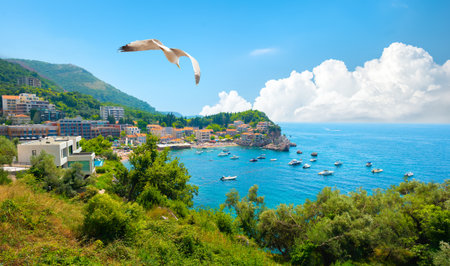 Panoramic landscape of Budva riviera in Montenegroの写真素材