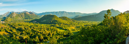 View on Petrovac and its beach in summer full of touristsの写真素材
