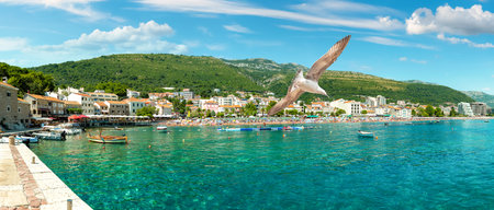 View on Petrovac and its beach in summer full of touristsの写真素材