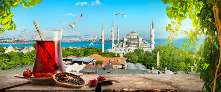 Illuminated Hagia Sophia and beautiful sunset in Istanbul, Turkeyの写真素材