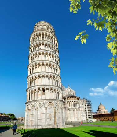 View to Pisa Cathedral and Leaning Tower of Pisa from Piazza dei Miracoliの写真素材