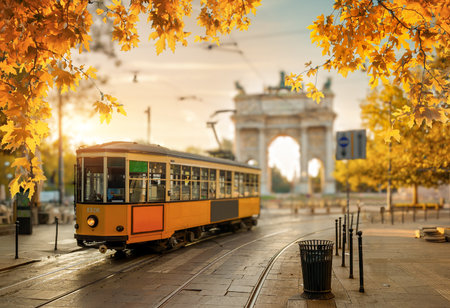 View of the Peace Arch with yellow tram in Milan, Italyの写真素材