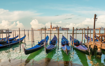 Gondolas and San Giorgio in Veniceの写真素材
