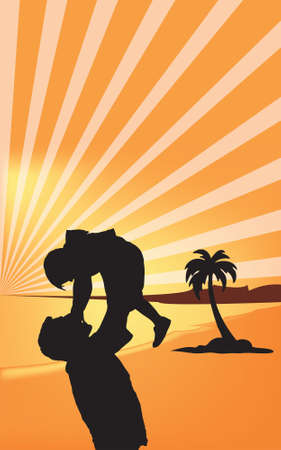 Silhouettes of father and child on a background of a sunsetのイラスト素材