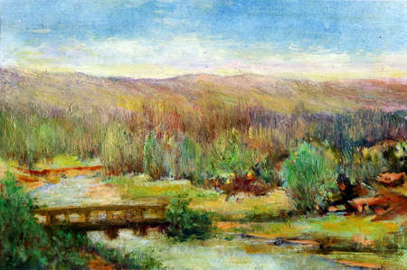 Original oil painting of forest landscape, riiver and bridge Modern Impressionism  My own artwork の写真素材