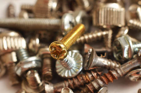 Screw made of iron and brass in the shape of a round rod extends with the thread from end to top...