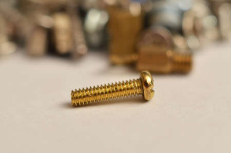 Screw made of iron and brass in the shape of a round rod extends with the thread from end to top...