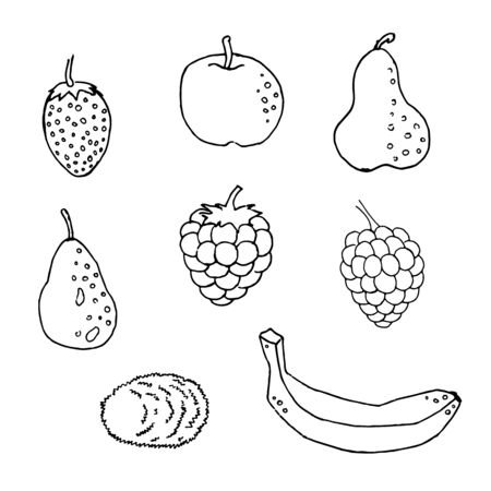 Black and white set of hand drawn tropical citrus fruit Ink sketch style. Good idea for templates menu, recipes. Greeting cards. Vector illustration. Drawn pear, kiwi, banana, raspberryのイラスト素材
