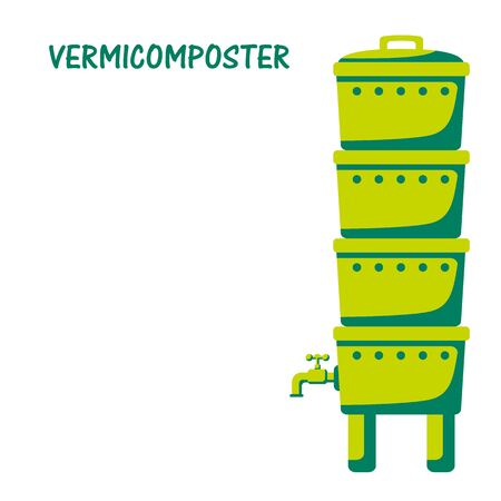 Vermicomposter- home for worms that process organic waste from the kitchen, a selective approach. The ecological approach. Zero waste. Composting organic waste. Recycling garbage. Vector illustrationのイラスト素材