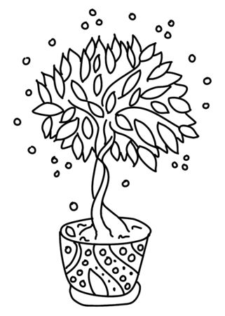 Potted flowers are drawn in doodle style. Flowers in pots painted black line on a white background. Decorative potted house plant sketch illustration for print, web, mobile, postcards, site, cover artのイラスト素材