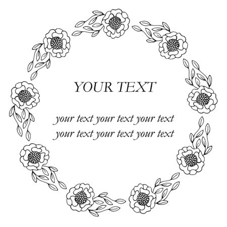 Wreath of black flowers on a white background. Decoration for wedding cards. Copy space for your text. Beautiful invitation with ornament for celebration decoration design. Greeting card templateの写真素材