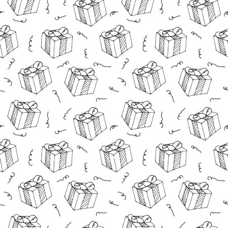 Vector seamless pattern from gift boxes with bows drawn in doodle style. Topics New Year, Christmas, Valentine s Day, Birthday, Anniversary, Wedding. Wrapping paper. Ornament for a greeting cardのイラスト素材