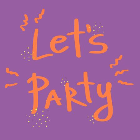 Lets party cartoon letters vector illustration. Birthday, anniversary party celebration. Abstract scandinavian style design elements. Invitation card. Orange lettering on purple backgroundのイラスト素材
