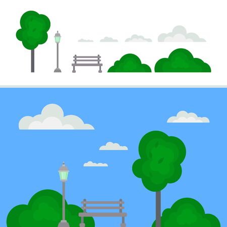 Simple vector set with elements for forming a street environment. Tree, bushes, clouds, bench and street lamp isolated on white and blue background. Set for website design, cards, flyers.のイラスト素材