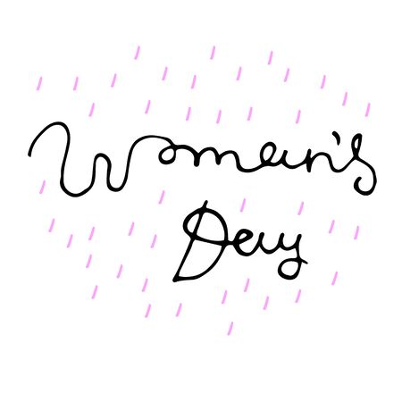 Minimalistic woman's Day text design with pink dash on white background. Vector illustration. Woman's Day greeting calligraphy design. Template for a poster, cards, banner. Isolated lettering.のイラスト素材